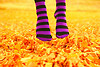 Feet, wearing blue and pink striped socks, hovering above fall leaves