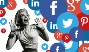 Woman surrounded by social media bubbles